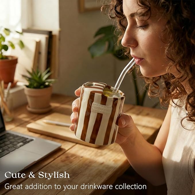 Ceramic Coffee Mug with Half Lid, 12oz Handmade Retro Striped Travel Mug, Minimalist To Go Coffee Cup for Home Office, Reusable Pottery Tumbler, Brown
