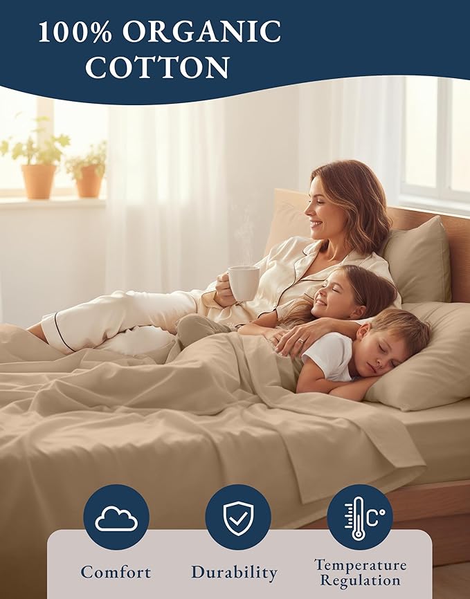 LANE LINEN 100% Organic Cotton Twin XL Sheets Set, Fully Elasticized Bed Sheets Set Twin XL Size Perfetct for Hospital beds, Deep Pocket Soft & Comfy Sheets Set Twin XL Size-Taupe