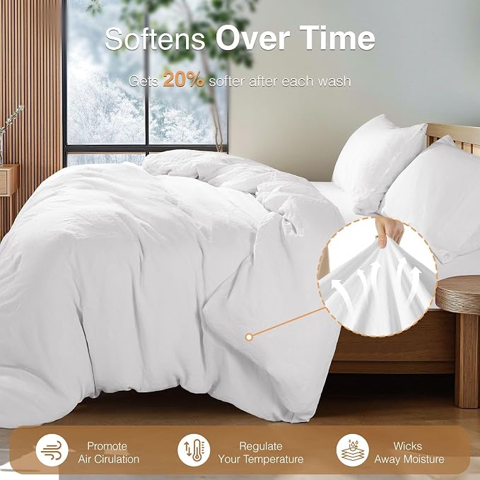 SONORO KATE 100% French Linen Duvet Cover Queen Size, Soft Breathable for Hot Sleepers, Moisture Wicking & Durable Cover Set - Zipper Closure & 4 Corner Ties Duvet Covers 3 Piece (White,Queen)