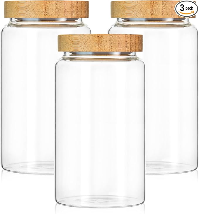 3 Pack 1200 ml / 42 oz clear cute glass storage canister holder with airtight bamboo lid, modern decorative small container jar for coffee, spice, candy, salt, cookie, condiment, pepper, sugar