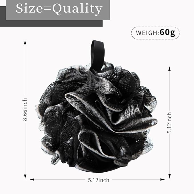 BCKENEY Bath Loofah Shower Sponge Body Back Scrubber Soft Mesh Shower Puffs Exfoliating Loofa for Women & Men Bath Accessories Cleaning Tool (4Pack 60G Black, Charcoal Black)