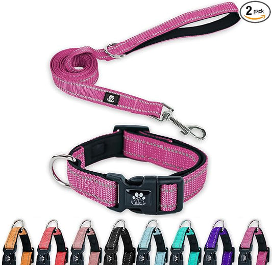 FURRYFECTION Reflective Dog Collar and Leash Set with Quick Release Buckle, Padded with Neoprene Adjustable Nylon Dog Collar for Small Medium and Large Dogs (Medium Collar+5FT Leash, Hot Pink)