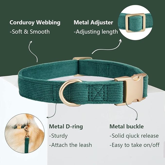 Soft Corduroy Dog Collar and Leash Set Adjustable Durable Dog Collars with Metal Buckle and Lead for Small Dogs,Dark Green