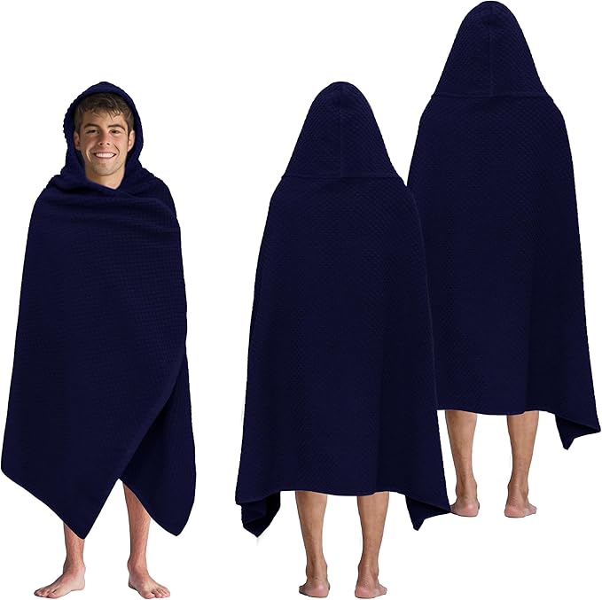 COTTON CRAFT Hooded Bath Towel – 2 Pack Oversized 35x70 Waffle Weave Towel with Hood for Adults - 100% Ringspun Cotton Pool Bath Sheet Wrap with Hood - Soft Super Absorbent Quick Dry – 450 GSM – Navy
