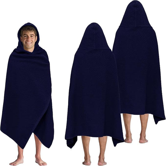 COTTON CRAFT Hooded Bath Towel – 2 Pack Oversized 35x70 Waffle Weave Towel with Hood for Adults - 100% Ringspun Cotton Pool Bath Sheet Wrap with Hood - Soft Super Absorbent Quick Dry – 450 GSM – Navy
