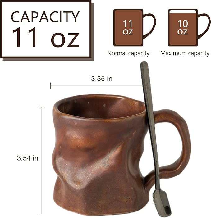 Handmade Ceramic Coffee Mugs, Mugs with Spoon, 11oz, Handmade Pottery Mug with Handle, Hand-painting, Unique Uneven Surface Tea cups, Dishwasher and Microwave Safe (Coffee Color)
