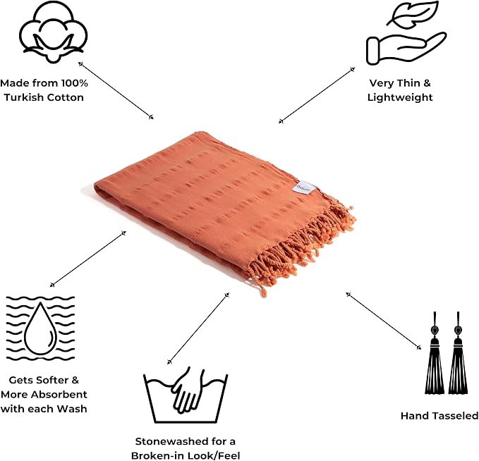 InfuseZen Stonewashed Turkish Cotton Bath and Beach Towel - Orange | 100% Organic, Thin, Soft, Lightweight, Absorbent, Quick-Drying, Large Peshtemal, Sand-Resistant for Shower, Pool, Spa, Travel