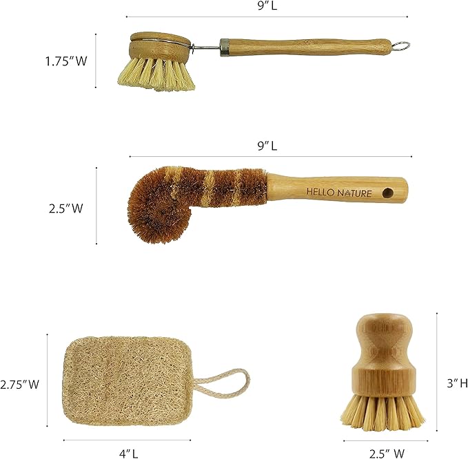 Plant-Based 6pcs Kitchen Brush Set by HELLO NATURE, Sustainable & Biodegradable Natural Fibre Bamboo Dish Brush,Bottle Brush,Pot Brush & 3 Natural Loofah Sponges, Zero-Waste,Plastic Free Kitchen Set
