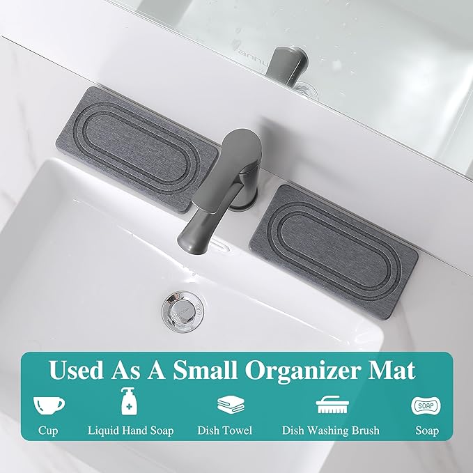 2PCS Water Absorbing Stone Tray for Sink, Quick Drying Diatomite Bathroom Tray Countertop, Stone Drying Mat for Kitchen Counter Faucet, Soap Dish Dispenser Vanity Organizer, Dark Gray-B-7.9" x 4"