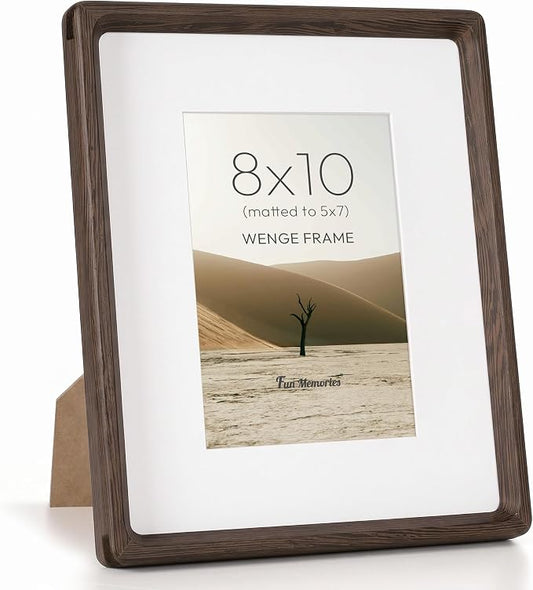 Fun Memories 8x10 Picture Frame, Natural Wenge Wood Photo Frames with HD Tempered Glass, Handcrafted Rounded Corner 8 x 10 Wooden Frames Matted to 5x7 Photos, 8x10 Frame, Tabletop or Wall Display