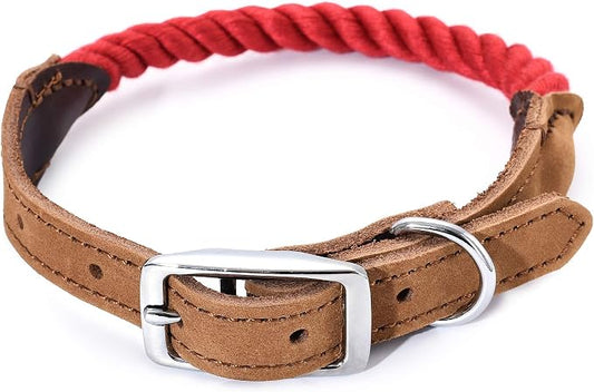 Mile High Life Genuine Leather Dog Collar, Durable Braided Cotton Rope Collar with Metal Pin Buckle for Small Medium Large Dogs (Red, M Neck 15"-18")