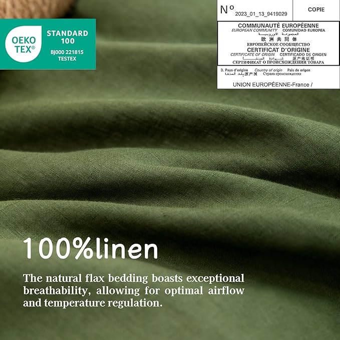 EVERLY Linen Sheets Set Full Size,100% French Stonewash Pure Linen Sheets Set,4Pieces (1Flat Sheet,1Fitted Sheet,2Pillowcase) Suitable for Hot Sleepers,Deep Pocket Natural Bedding Set-Mossy Green