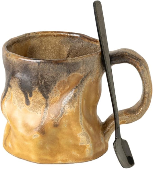 Handmade Ceramic Coffee Mugs, Mugs with Spoon, 11oz, Handmade Pottery Mug with Handle, Hand-painting, Unique Uneven Surface Tea cups, Dishwasher and Microwave Safe (Yellow)