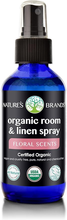 Organic Room & Linen Spray by Herbal Choice Mari (Floral Scent, 4 Fl Oz Glass Bottle) - No Toxic Synthetic Chemicals