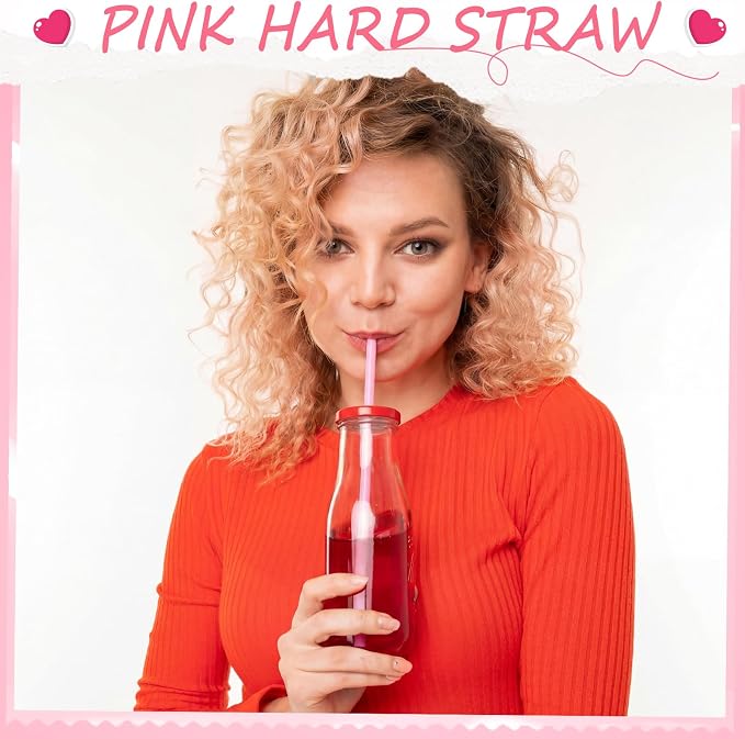 Honeydak 60 Pcs Reusable Hard Plastic Straws 9 Inch, Pink PP Drinking Straws Bulk for Iced Coffee Smoothies Cocktails Lemonade, Summer Patio BBQ Pool Party Supplies