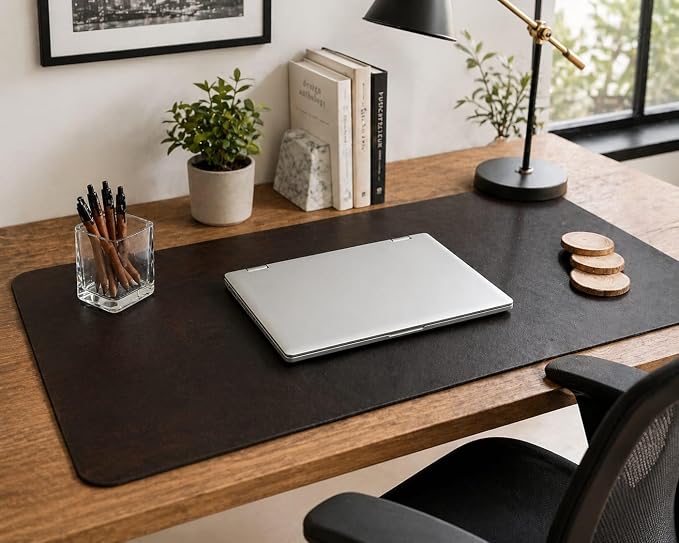 Full Grain Genuine Leather Desk Mat Large Mouse Pad Gaming | Thick Anti-Slip DeskPad & Blotter for Keyboard, Home & Office Table Protector, Walnut Brown, 32L x 16W inch