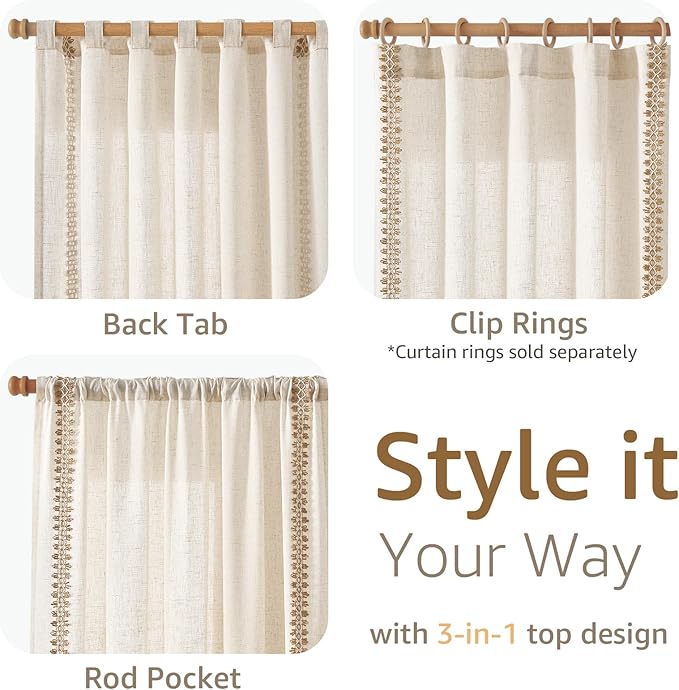 jinchan Beige Linen Blend Curtains with Woven Trim Boho Curtains 84 Inches Length 2 Panels for Living Room Bedroom Light Filtering 50 Inches Wide Rustic Farmhouse Drapes with Rod Pocket Back Tab Ecru