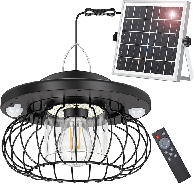 ropelux Solar Shed Light Outdoor Indoor, Bright 2000LM 5 Modes (Daytime Available) Lamp with 3 Color Temps Dual Motion Sensor Remote, Hanging Pendant Lights for Gazebo Barn Garage Shop, 1 Pack