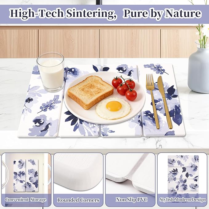3 PCS Stone Dish Drying Mat for Kitchen Counter, Quick Dry Foldable Stone Dishes Mats, Water Absorbing Diatomaceous Earth Drying Organizer for Dishes Bottles, Cups and Tableware (Blue)