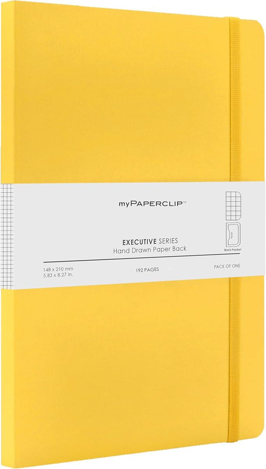 myPAPERCLIP Executive Series A5 Checks/Square Grid Notebook | 192 Pages, 80 GSM, Soft Cover, A5 (5.83 x 8.27 in) | Flat Lay | Bookmark, Elastic Closure & Back Pocket | Yellow