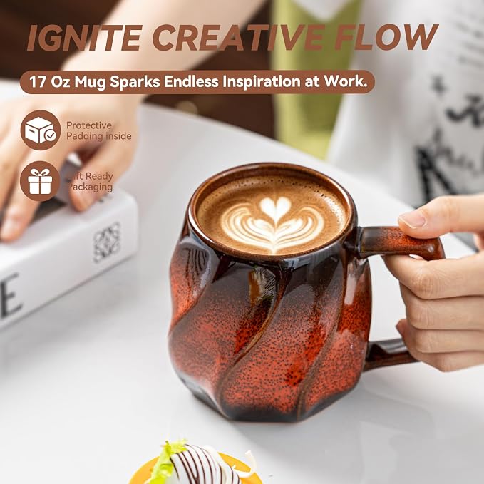 Magma Hearth Ceramic Coffee Mug - 17 oz Unique Reactive Glaze Coffee Cup with Ergonomic Large Handle, Ceramic Mug for Office Home Gift for Men Women
