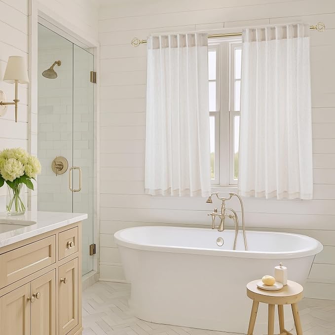 NICETOWN Linen Cream Bathroom Curtains 54 inches Long, Rod Pocket & Back Tab Semi Sheer Window Treatments Privacy Added with Light Filtering Drapes for Kids Room, W55 x L54, 2 Panels