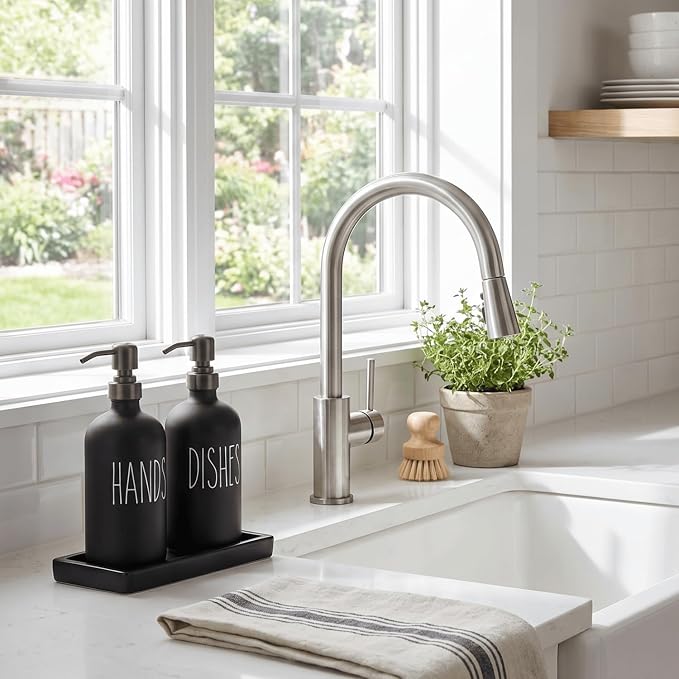 MOMEEMO Matte Black Soap Dispenser Set, Contains Dish Soap Dispenser for Kitchen and Hand Soap Dispenser with Ceramic Tray, Suitable for Black Kitchen Decor. (Black)