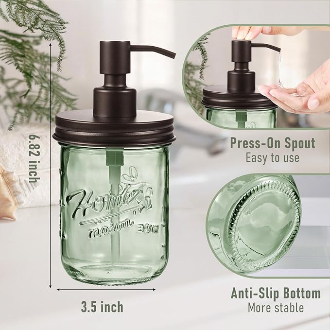 SheeChung 16Oz Mason Jar Green Glass Soap Dispenser, Stainless Steel Pump, Refillable Dish soap Dispenser for Kitchen, Bathroom Hand Soap Dispenser for Lotion, Liquid, Farmhouse Decor (Bronze, 2 Pack)