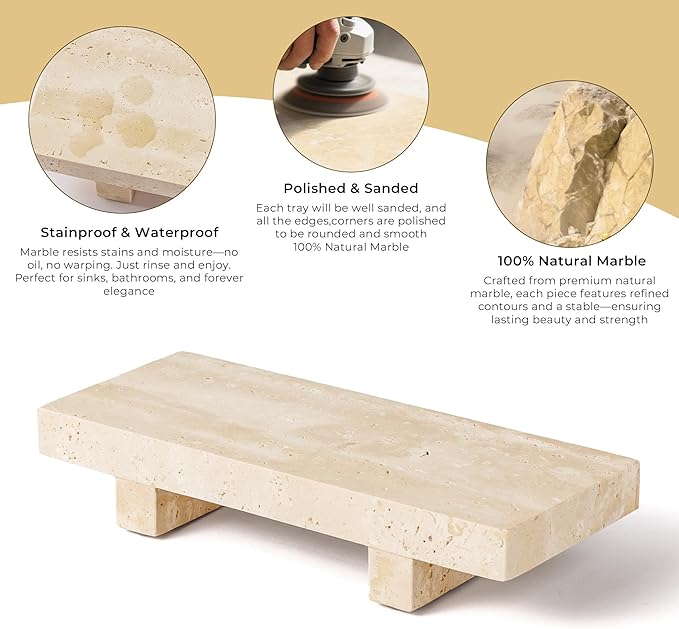 Travertine Soap Tray for Bathroom Countertop 8.6" x 3.5" Waterproof Stone Soap Dish Holder, Marble Pedestal Stand for Sink, Vanity, Counter Luxury Decorative Tray Farmhouse Decor Beige (WH087)