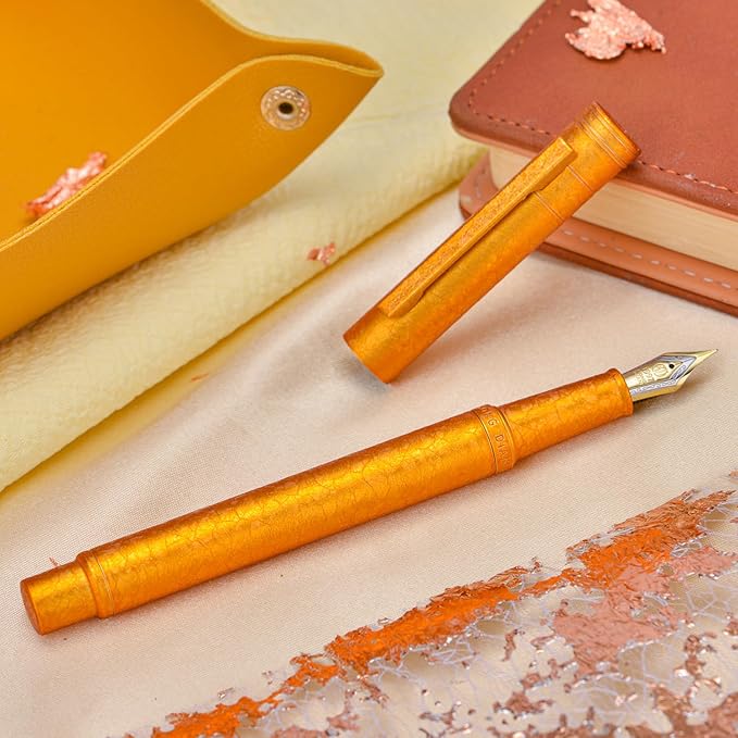 Hongdian 1851 Forest Fountain Pen Golden Ice Flowers, Bent Nib Classic Design with Converter and Metal Pen Case