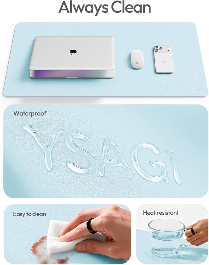 YSAGi Leather Desk Protector, Office Mat, Large Mouse Mat, Non-Slip PU Leather Blotter, Laptop Desk Mat, Waterproof Writing Pad for Office and Home(Baby Blue, 63" x 24")