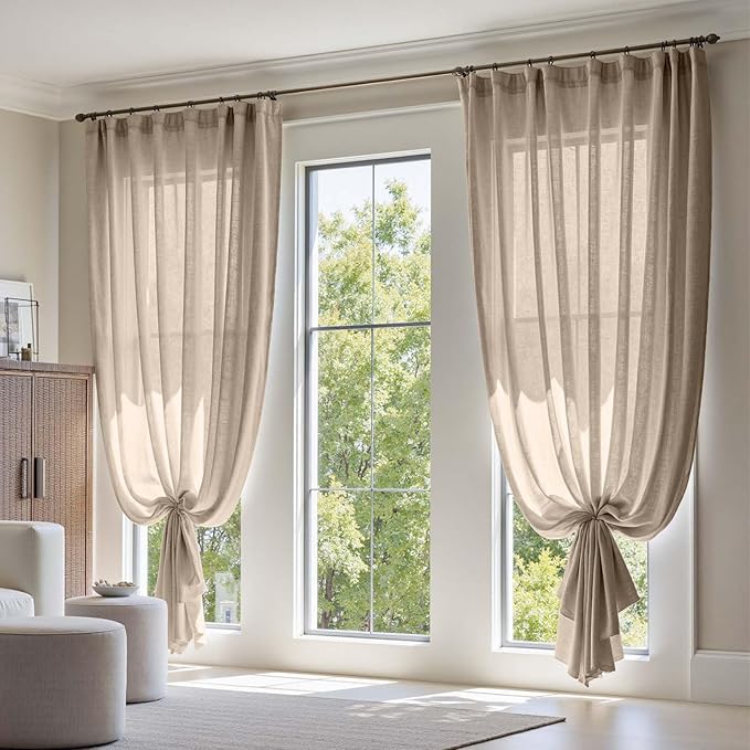 jinchan Extra Wide Sliding Door Curtain 120 Inch Length Taupe Linen Curtains Semi Sheer Drapes for Patio Door Living Room Bedroom Floor to Ceiling Light Filtering Drapes 100 Inches Wide 1 Panel