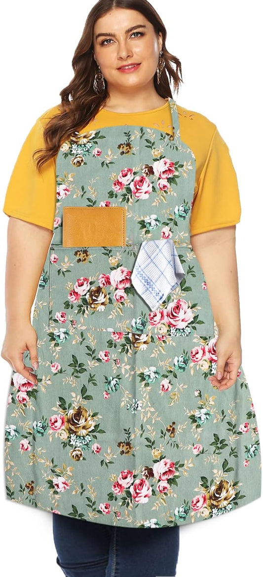 Sanlykate Extra Large Canvas Cotton Apron for Men & Women, Plus Size Durable Aprons with 2 Pockets, Adjustable Bib Machine Washable Oversized Aprons for Baking, Cooking, Painting - Greenness