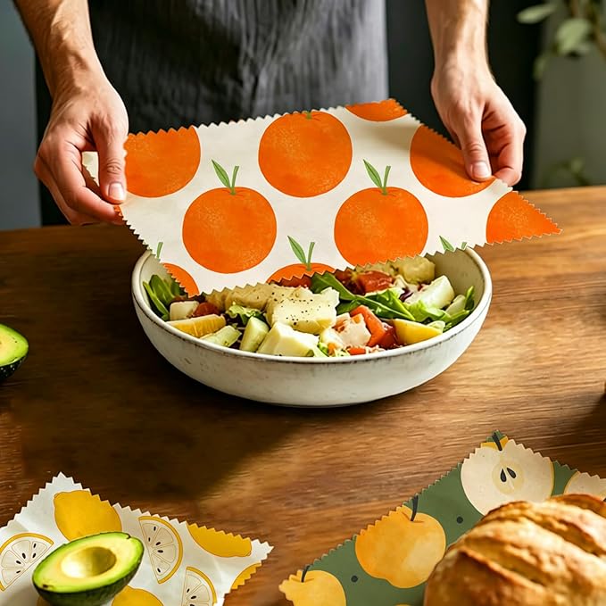 Reusable Beeswax Wraps, 9 Pack Sandwich, Snack, Food Preservation, Organic, Sustainable, Zero Waste, Plastic-Free Storage, 1XL, 3M, 5S, Orange Apple Lemon Fruit Patterns