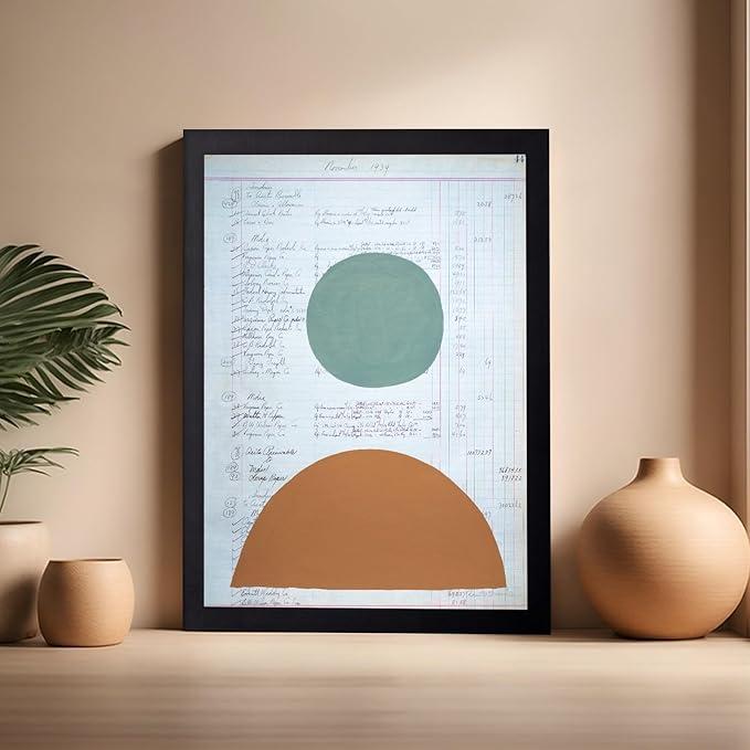 Monem Art Vintage Ledger Abstract Geometric Print - Modernist Teal and Ochre Art Poster - Wall Decor for Office, Living Room or Studio - 16x20 Black Framed Wall Art by Renee Stramel