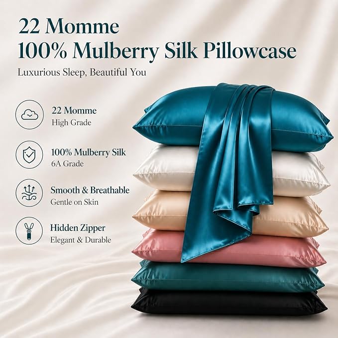 Pure Silk Pillowcase for Hair and Skin Made in USA, 22 Momme Real Silk Pillow Case with Zipper, 6A Grade, Organic, Cooling, Anti Acne, Anti Wrinkle, 1 Pc 20"x30" (Queen, Peacock Blue)