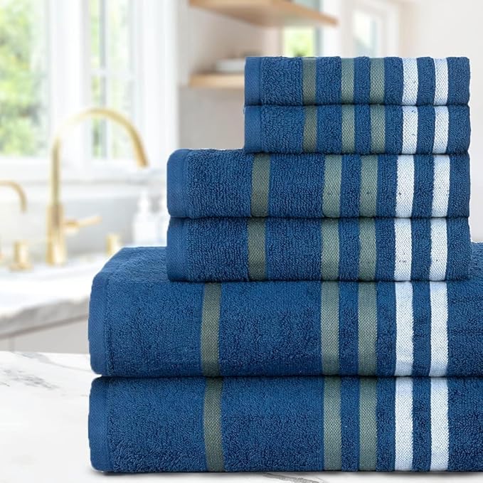 CASA COPENHAGEN Exotic 6Pcs 100% Egyptian Cotton Towels Gift Set- Navy Blue, 550GSM, 2Bath 2Hand 2Washcloths, Towels for Bathroom (Box Pack, Set for Women & Men)