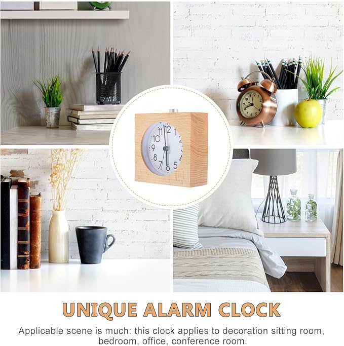 Luxshiny Wood Tabletop Alarm Clock Square Natural Wood Desktop Clock with Digital Display for Office and Household Use