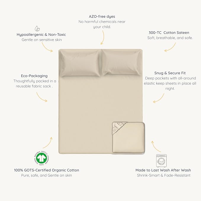 MakeMake Organics Organic Full Fitted Sheet Set GOTS Certified Organic Cotton Fitted Sheet with 2 Pillowcase Ultra Soft Non Toxic Breathable Hypoallergenic Colorful Neutral (Full, Solid Oat)