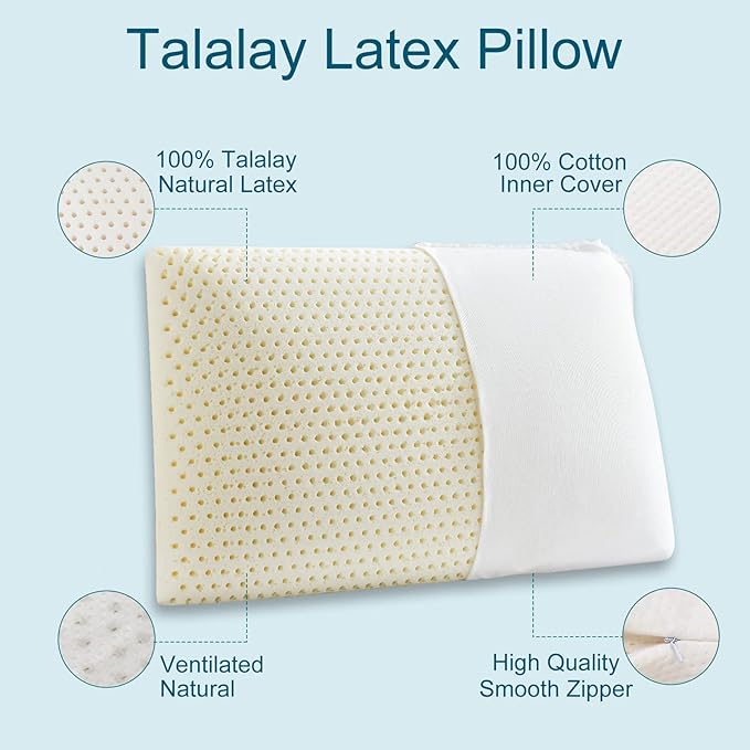 Kiss Dream 100% Talalay Latex Pillow, Natural Sleeping Bed Pillow - Luxury Soft Queen Size Pillow for Side, Back, and Stomach Sleepers - Removable Breathable Cotton Cover (Queen (Medium))