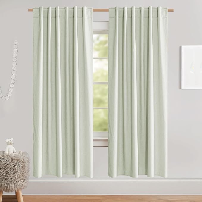 NICETOWN Light Green High-End Thermal Flax Linen Curtains, Full Blackout Privacy Drapes 72" Long for Dining Room, Soundproof Window Treatment Panels for Hall Room, 52" Wide Per Panel, Set of 2