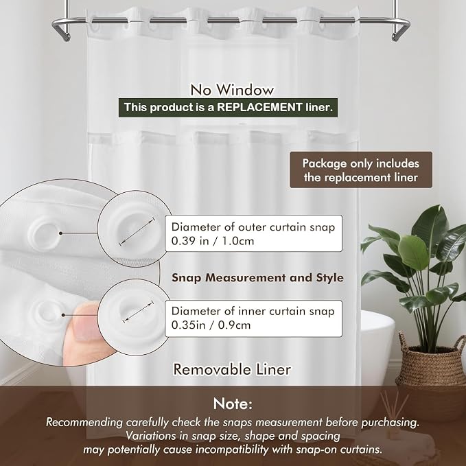 Barossa Design Fabric Snap-in Shower Curtain Liner Replacement, Removable & Washable, Hotel Style, 70x54, White