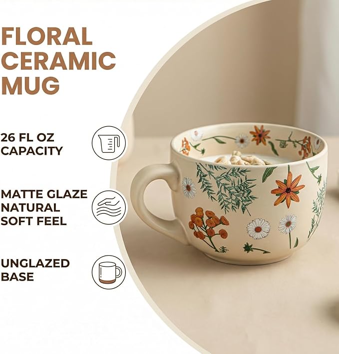 Ceramic Mugs for Men & Women, Unique Microwave & Dishwasher Safe Tea/Coffee Rustic Stoneware Cups for Office & Home (Summer Whispe Breakfast Mug)