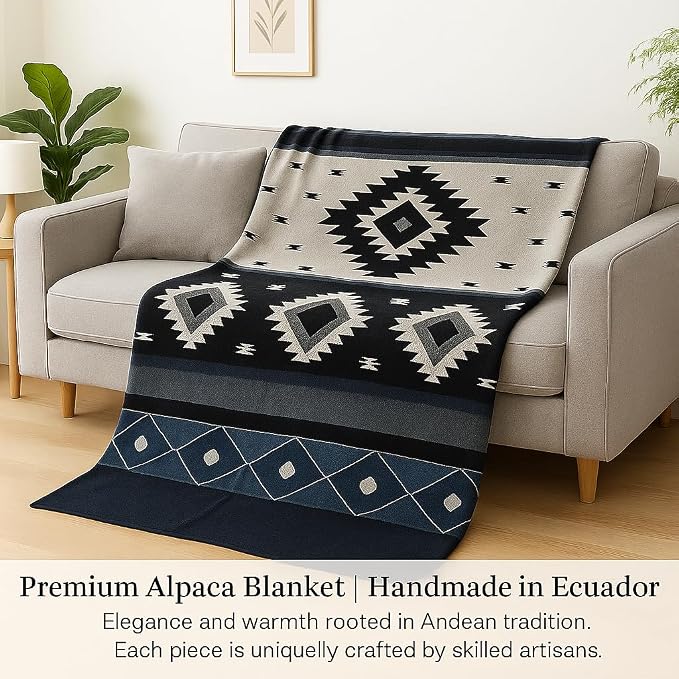 Alpaca Wool Blanket, Queen Size 94 x 78, Reversible 2 in 1, Thick and Ultra Soft, Hypoallergenic, Non-Itchy, Handmade in Ecuador. Premium Alpaca Wool Thtow Blanket for Cozy Comfort. (Blue and Grey)