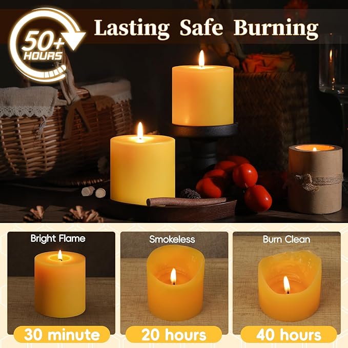 4 Pack Natural Beeswax Pillar Candles,100% Pure Beeswax Candle,200 Hours Long Burning Smokeless Organic Bees Wax for Home, Bee Pillar Candles Bulk for Relax, Emergency, Non-Toxic & Unscented