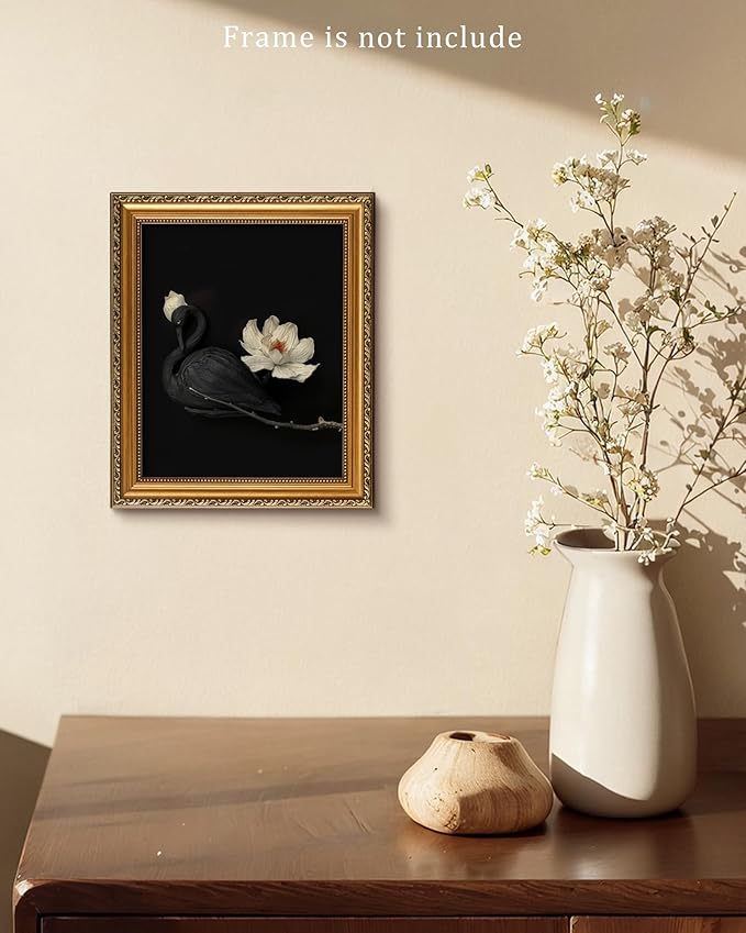 Vintage Black Swan Wall Art, Elegant Farmhouse Moody Dark Flower Academia Swan Print, Classic Neutral Animal Artwork Canvas Wall Decor for Bedroom, Living Room, Bathroom, Lake House - 8x10Inch Unframe