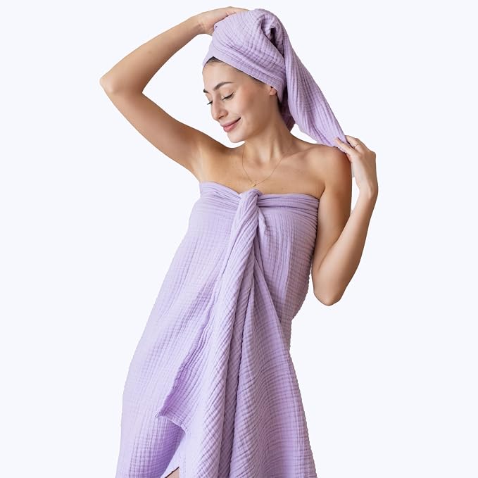 Ultra Soft Muslin Towel Adult Set, 100% Turkish Cotton 4-Layer 2 Pieces Luxury Muslin Hand & Bath Towels Sets for Bathroom (Lilac, 1 Bath & 1 Hand Towel Set)