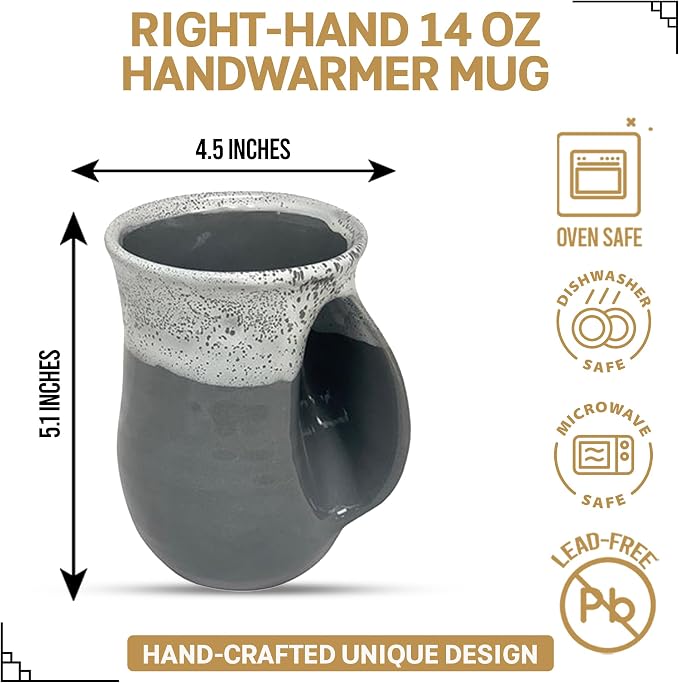 Clay in Motion Hand Warmer Coffee Mug – Handmade Coffee Mug With Comfortable Handle Contoured Pocket Hand Warming Ceramic Coffee Mug – Proudly Made in USA – Right Handed – 14 Oz - Snowcap