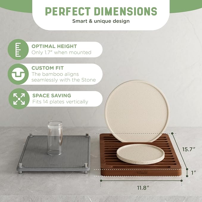 NIUM Stone Drying Mat for Kitchen Counter & Bamboo Rack - 16″x12″ | Diatomaceous Earth Dish drying mat Ultra Absorbent & Fast Drying - EcoFriendly with Non-Slip Pads & Anti-Moisture Design