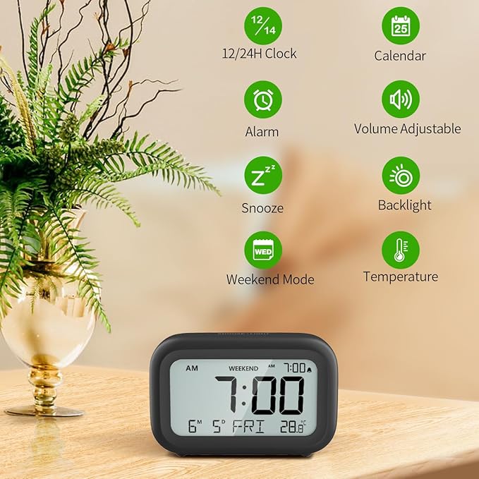 DOOMAY Digital Alarm Clock Bedside - Battery Powered Clock with LCD Display Volume Adjustable Snooze and Weekend Mode for Bedroom Office Desk Travel - Black